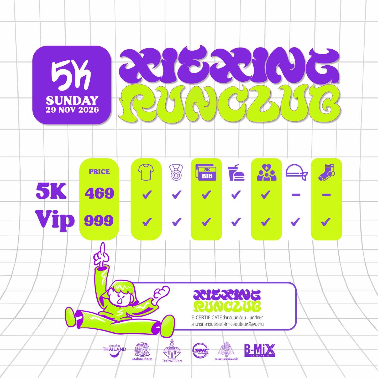 ภาพแพ็กเกจวิ่ง 5K ราคา 469 บาท และ VIP ราคา 999 บาท พร้อมรายการสิ่งที่ได้รับ